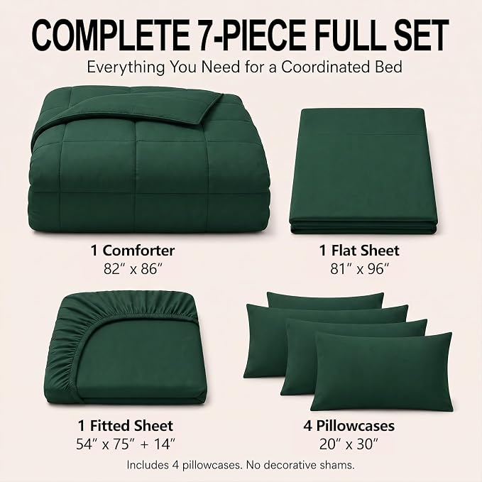 Full Size Comforter Sets Emerald Green - 7 Pieces Bed in a Bag | OEKO-TEX Certified, All-Season, Bedroom, Guest Room, Down-Alternative Comforter + Flat & Fitted Sheets + 4 Pillowcases