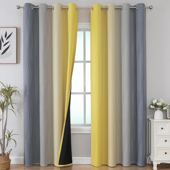 Yellow and Grey Ombre Blackout Curtains for Living Room 52Wx84L Inch Length | Estelar Textiler Room Darkening Gradient Curtains for Boys Bedroom,Thermal Insulated,Light Blocking Grommet Drapes,2 Panels