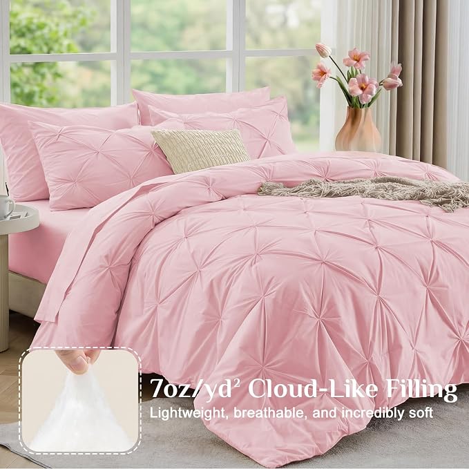 JOLLYVOGUE California King Comforter Set 7 Pieces - Bed in a Bag Cal King for All Season, Pintuck Bedding Comforter Sets with Comforter, Flat Sheet, Fitted Sheet and Pillowcases & Shams, Baby Pink