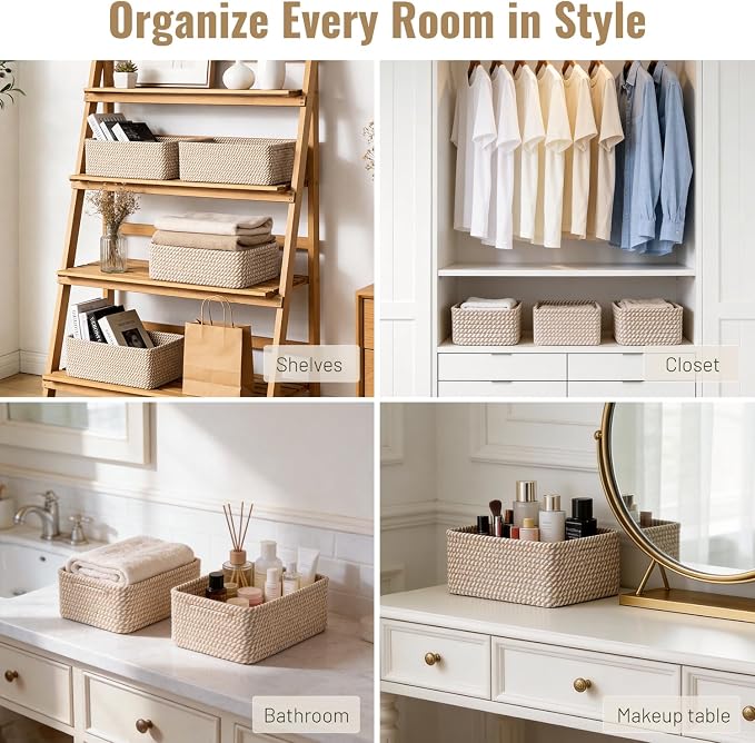 5 Pack Small Woven Storage Baskets for Shelves, Gift Baskets Empty | 11.8"x7.9"x4.7", Decorative Cotton Rope Baskets Organizer, Soft Storage Bins for Organizing Bathroom, Closet, Nursery, Khaki