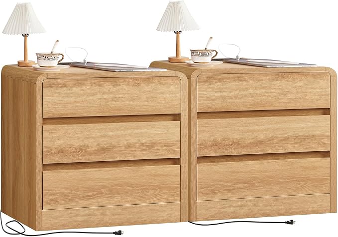 TEENFON Nightstands Set of 2, Night Stand with 3 Storage Drawer and Charging Station, Modern End Tables Wide Night Stands for Bedroom Sofa Couch Home Office, Natural