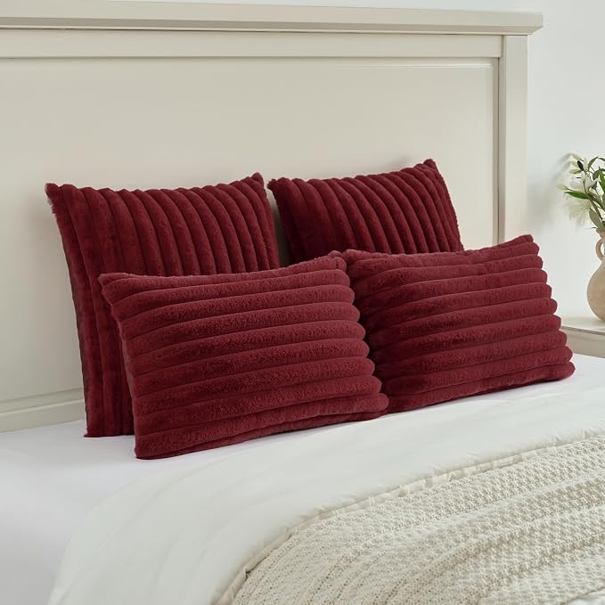 FUTEI Pack of 2 Faux Fur Throw Pillow Covers 28x28 Inch, Burgundy | Fluffy Faux Rabbit Fur Front/Premium Velvet Back,Hidden Zipper,Machine Washable,Non-Shedding,Colorfast,Insert Not Included.