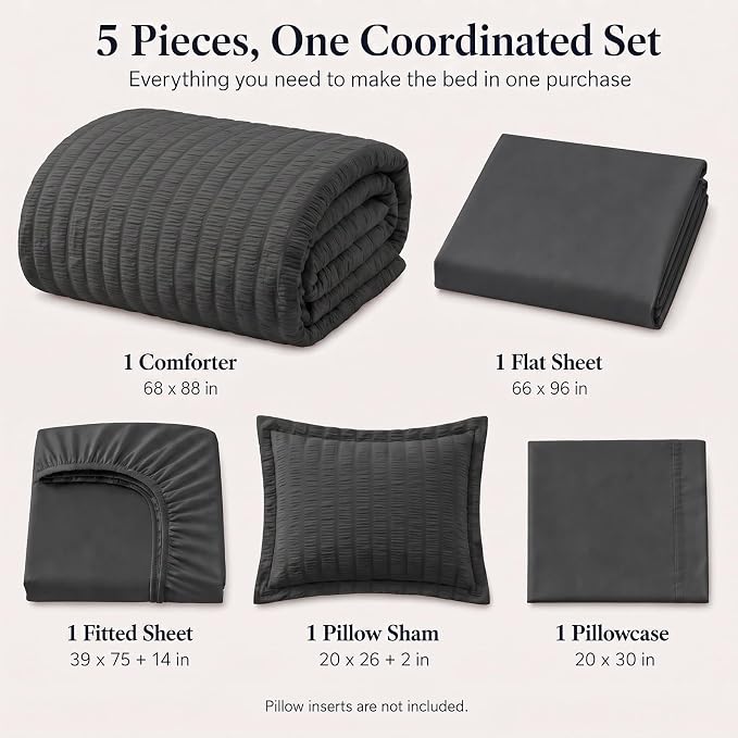 Twin Comforter Set, 5 Pieces Dark Grey Seersucker Bed in a Bag | OEKO-TEX Certified, All Season Bedding Sets with 240 GSM Down Alternative Comforter, Flat & Fitted Sheets, Pillowcase & Sham
