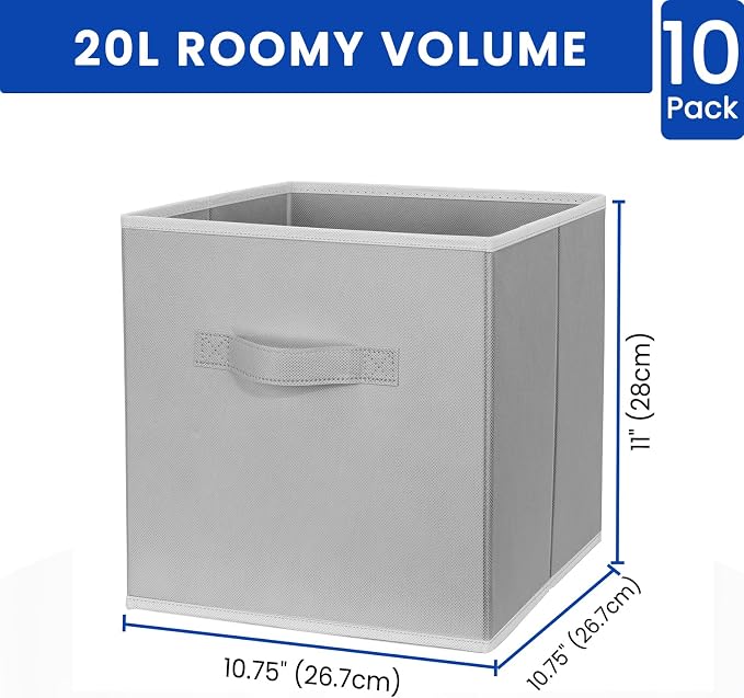 Storage Cubes, 11 Inch Cube Storage Bins for Shelves (10 Pack), Fabric Collapsible Storage Bins with Dual Handles, Foldable Cube Baskets for Magazines, Closet Organizers and Storage Box (Grey)