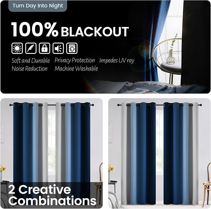 SimpleHome 100% Blackout Ombre Bedroom Curtains Blue and Greyish White,72L | Room Darkening Curtains,Thermal Insulated Grommet Window Drapes and Curtains for Living Room,2 Panels, 52x72 inches Length
