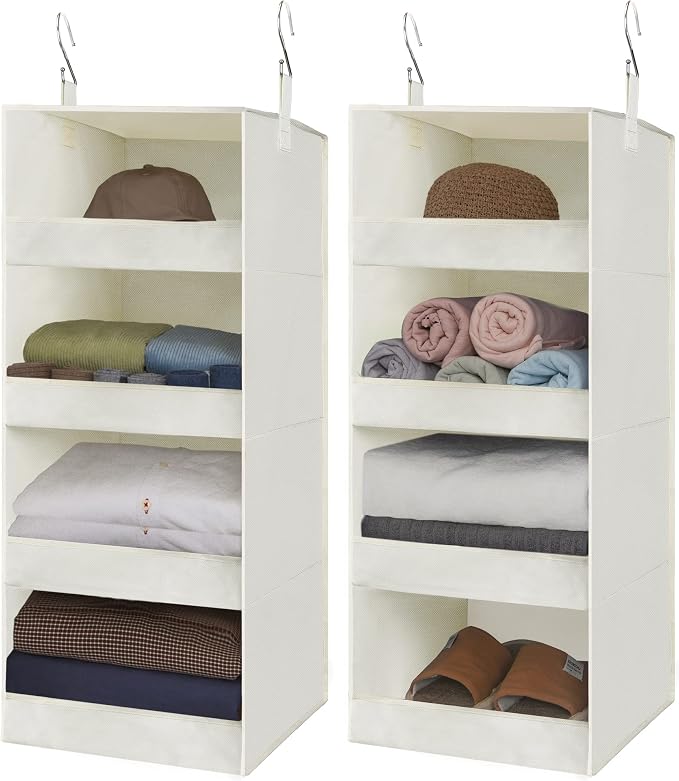 GRANNY SAYS 4-Shelf Hanging Closet Organizer, Foldable Storage, Beige | 44 lb Capacity, No-Sag Support, Keeps Clothes Neat, Folds Flat, Fits RV, Dorm & Small Closets, 2 Pack
