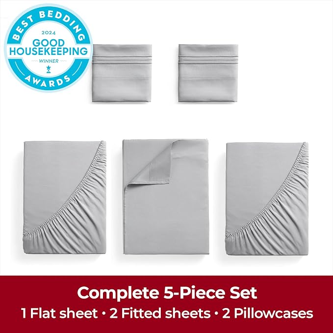 Mellanni Iconic 5-Piece, Ultra Soft Sheet Set (Split King, Light Gray) | 10M+ Sleepers. Lab-tested: Sleeps Cool, Stays Bright, Strong, Smooth. Good Housekeeping Best Bedding, 7 yrs running.