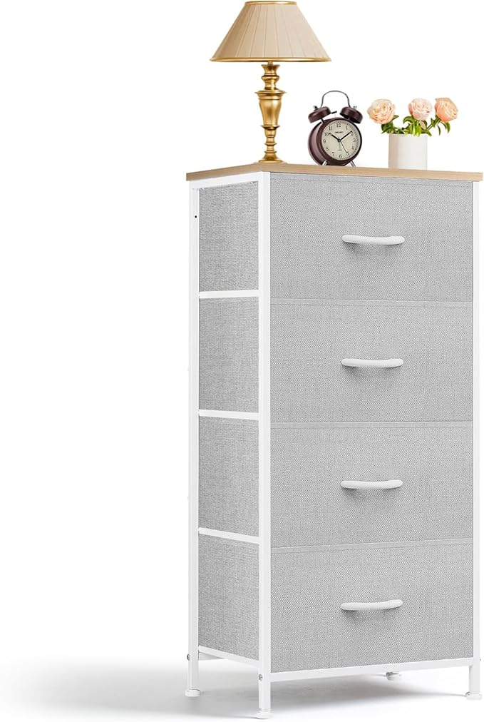 4 Drawers Dresser for Bedroom Fabric Storage Tower with Wooden Top | Steel Frame Tall Chest of Drawers for Closet, Entryway, Dorm, Light Gray