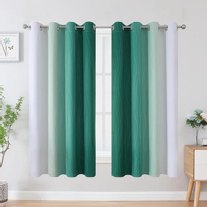 Green and Greyish White Blackout Curtains 52Wx63L 2 Panels | Ombre Curtains for Living Room 63 Inches Long,Thermal Insulated,Room Darkening,Energy Saving,Grommet Window Bedroom Drapes
