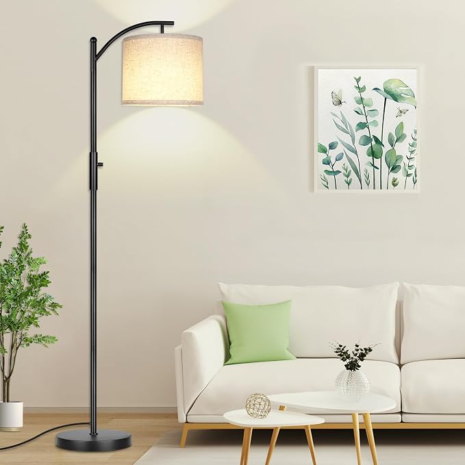 ROTTOGOON Dimmable Floor Lamp, Arc Floor Lamps for Living Room, Stepless Dimming Modern Standing Lamp with Linen Shade, Tall Lamp for Bedroom Office Dining Room- Black