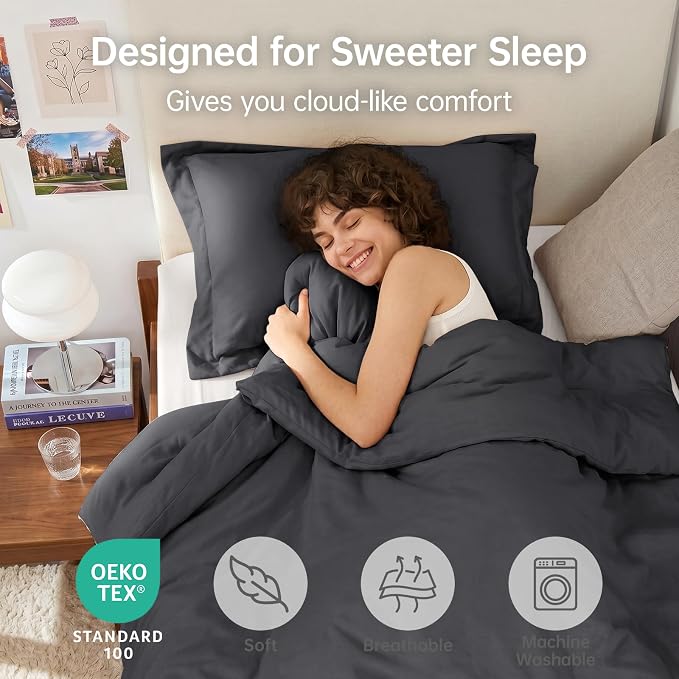 Twin/Twin XL Comforter Set, All Season Ultra Soft Down Alternative Bedding - 3 Piece Lightweight Bed Set Includes 1 Comforter (68"x88") and 1 Pillow Shams (20"x26"), Dark Grey