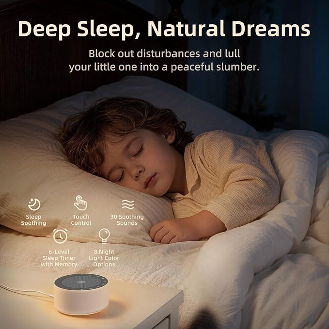 Kipcush White Noise Machine for Baby & Adults, 30 Soothing Sounds, Sleep Sound Machine with 8 Color Night Light, Memory Function, White Noise for Sleeping, Nursery, Office, Travel & Relaxation