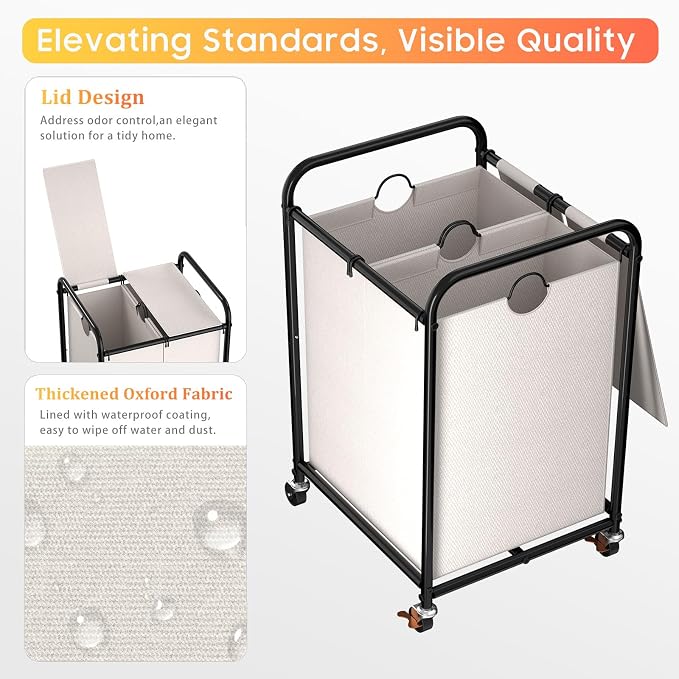 120L Laundry Sorter 2 Section, Rolling Laundry Basket with Wheels ＆ Lid | 31.7 Gal Laundry Hamper, 2 Separated Removable Bags, Lockable Wheels, Dirty Clothes Hamper for Laundry Room, Bedroom, White