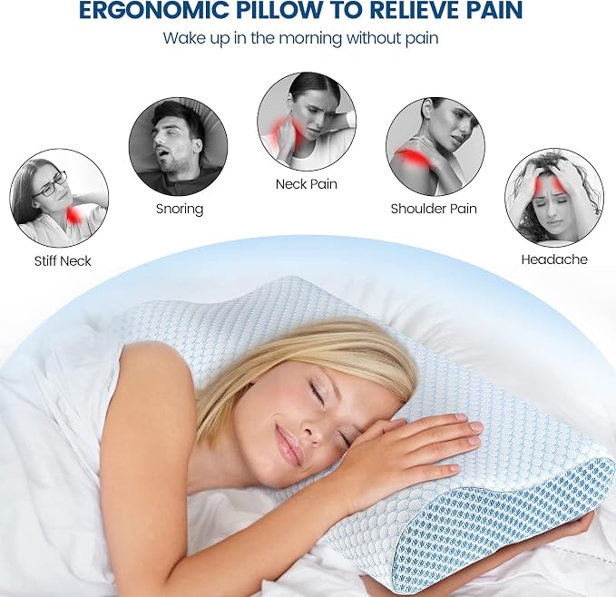 Polovo Neck Pillow Memory Foam Pillows for Sleeping, Ergonomic Cervical Pillow Neck Support Pillow Bed Pillow for Side Back Stomach Sleepers, Contour Pillow for Neck and Shoulder Pain Relief (Blue)
