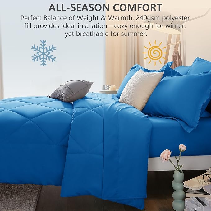 King Size Comforter Set Royal Blue - 7 Pieces Complete Bedding Set | OEKO-TEX Certified, All Season, 240GSM Down-Alternative Comforter, Sheets, Pillowcases & Shams, 14" Deep Pocket, Easy Care