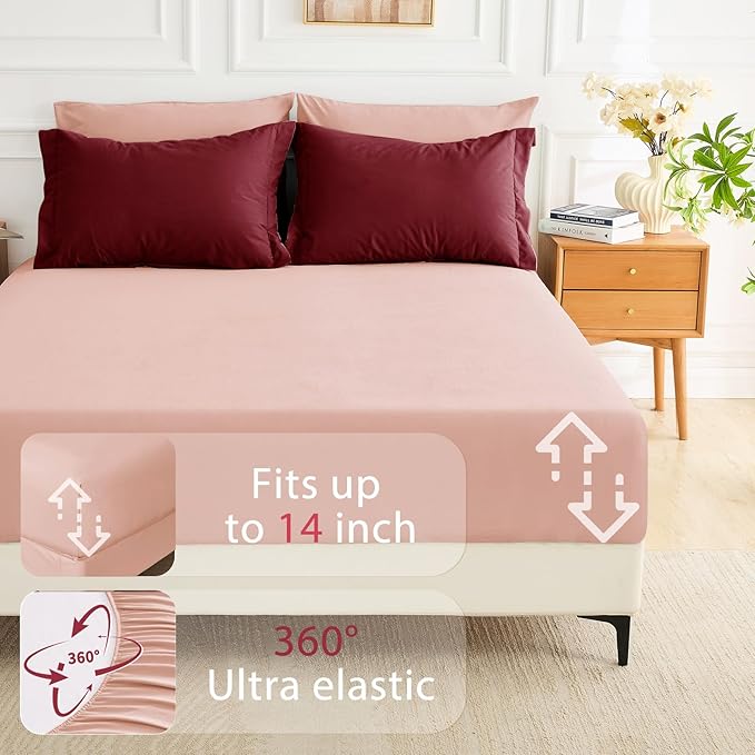 7 Pieces Queen Comforter Set, Soft Bed in a Bag Queen Size, All Season Bedding Set with Comforter, Flat Sheet, Fitted Sheet, Pillowcases & Shams, Burgundy & Rose Gold