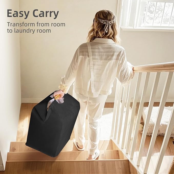 STORAGE MANIAC 2-Pack Large Laundry Hamper, 100L (26.4 Gal) Collapsible Laundry Basket with Bamboo Handles, Freestanding Waterproof Clothes Hamper for Bedroom, Dorm, Towels, Black+White