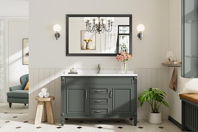 Black Metal Framed Bathroom Wall Mirror, 48x30 Inch | Anti-rust, HD tempered glass, for bathroom vanity, bedroom, living room, horizontal or vertical mount