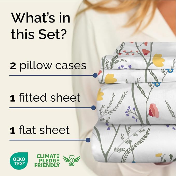 King 4 Piece Floral Sheet Set - Soft, Breathable & Cooling - Wild Flower | 1 Flat, 1 Fitted & 2 Pillowcases w/ Deep Pockets, Boho Botanical Floral Bedding, Breathable & Cooling, Wrinkle & Fade Free