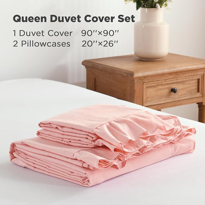 Andency Blush Ruffle Duvet Cover Queen, Shabby Chic Farmhouse Bedding Set | 3 Pieces Soft Washed Polyester Vintage Ruffled Comforter Cover Set with Zipper Closure & Corner Ties, 90x90Inch