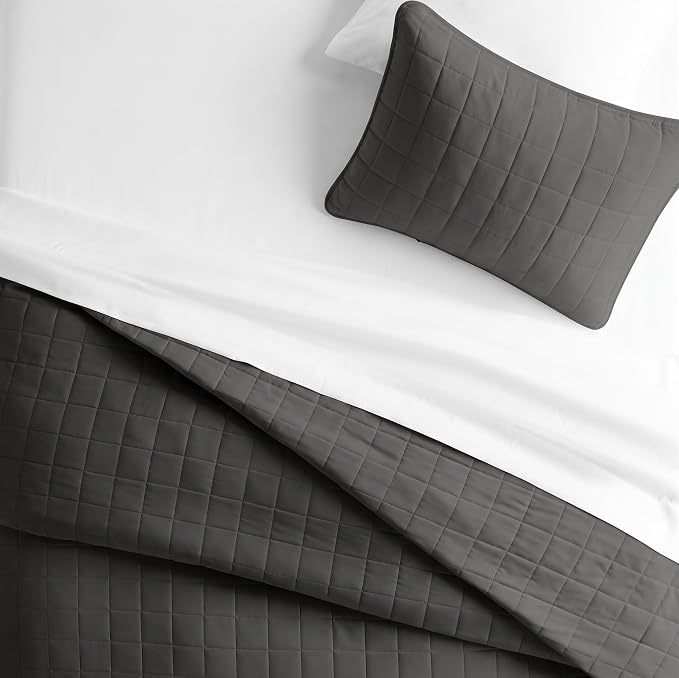 Merit Linens Classic Quilt Coverlet Soft Set in Square Stitching - King/Cal-King Gray