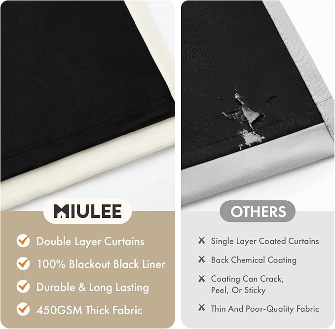 MIULEE Beige White 100% Blackout Curtains for Bedroom 40x63 Inch Long | 2 Thick Layers Thermal Insulated Window Curtains with Black Liner, Noise Reducing Grommet, Drapes for Living Room, 2 Panels