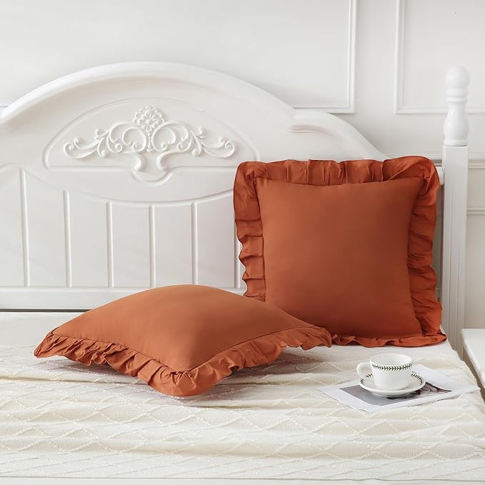 Merryword Burnt Orange Pillowcases 18x18 Caramel Throw Pillow Covers Pack of 2 Ruffle Pillowcase Cushion for Couch Sofa Bedroom