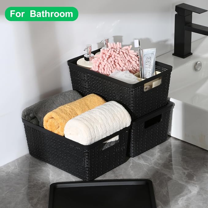 6 Pack Plastic Storage Baskets with Lid,Black Stackable Bins | Durable Woven Plastic With handle Breathable,Save space ,For Organizing Desktops, Closets, Playrooms, Classrooms, Offices