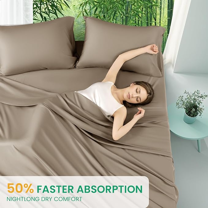 SONORO KATE 100% Viscose Derived from Bamboo_Sheets Queen Size,4PC | Cooling Bed Sheets for Hot Sleepers,Soft Breathable & Silky,16" Deep Pocket,Luxury Hotel Bedding,Simply Taupe