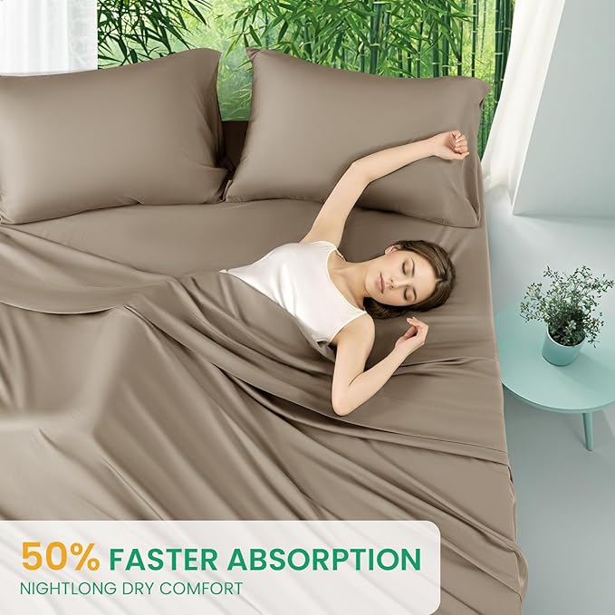 SONORO KATE 100% Viscose Derived from Bamboo_Sheets Full Size,4PC | Cooling Bed Sheets for Hot Sleepers,Soft Breathable & Silky,16" Deep Pocket,Luxury Hotel Bedding,Simply Taupe