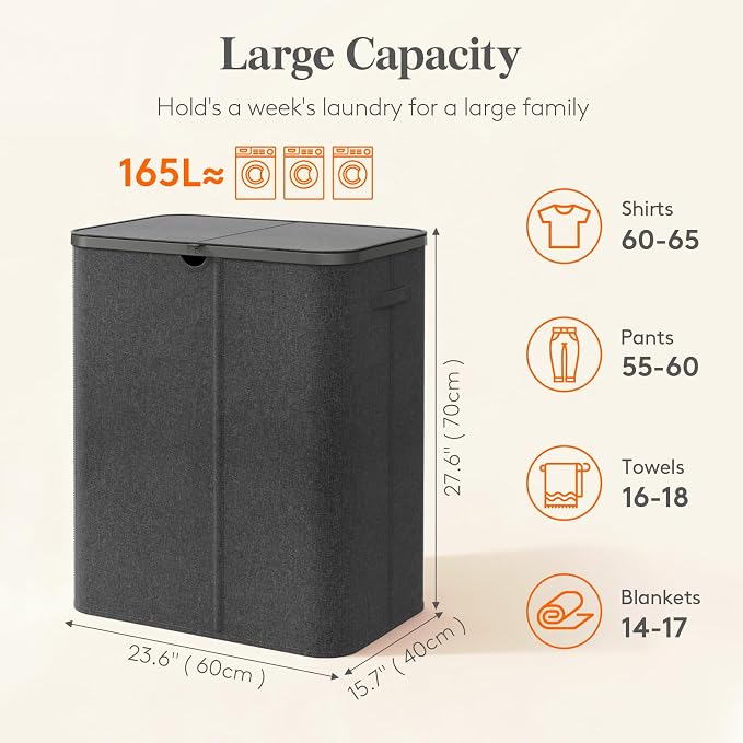 Lifewit 165L 3 Section Laundry Hamper with Lid, Laundry Basket, Dark Gray | Large Foldable Laundry Sorter with 3 Removable Bags, Tall Clothes Hamper for Bedroom and Bathroom