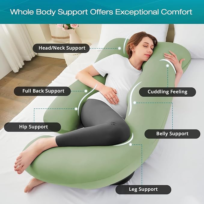 Cooling Pregnancy Pillows for Sleeping, 65'' Full Body Pillow, Green | Sasttie Maternity Pillow, OEKO-TEX, Down Alternative, Removable Cover, Pregnant Women Must Haves, Maternity Essential