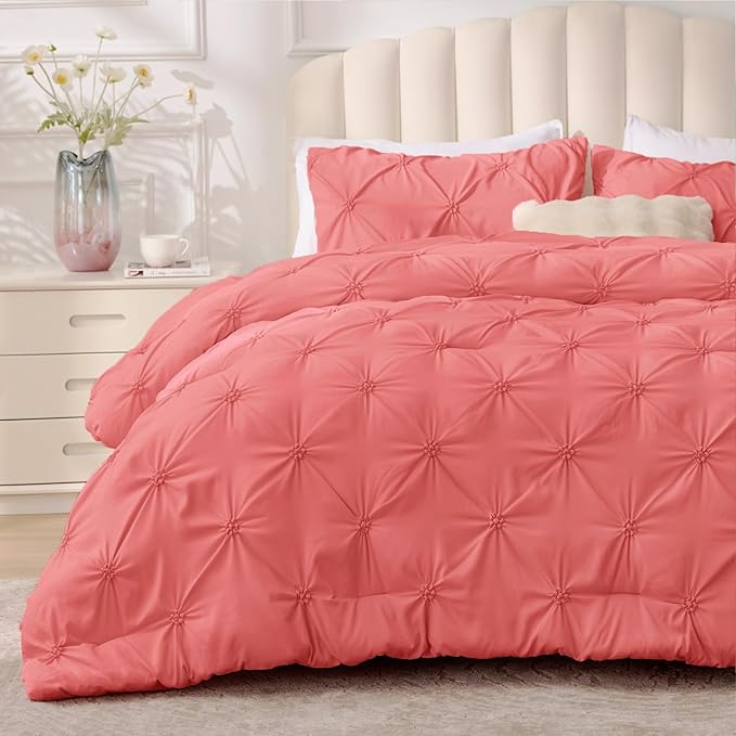 BEDELITE Queen Comforter Set Coral,Lightweight & Soft Comforter | Pintuck Boho Bedding, Warm & Cute Bed Set for All Season,With 2 Pillowcases