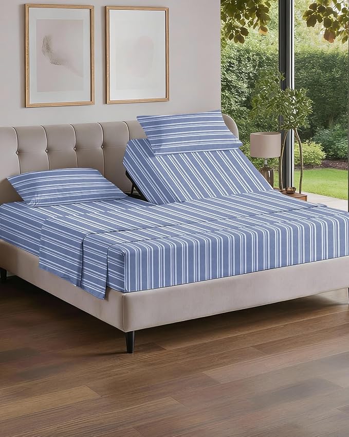 Flex Top Split Head King 4 Piece Sheet Set - Soft & Cooling - Blue Stripes | Cooling Bed Sheets Set, Hotel Luxury Bedding for Women & Men with Deep Pockets, Wrinkle Free & Fade Resistant, Oeko-Tex