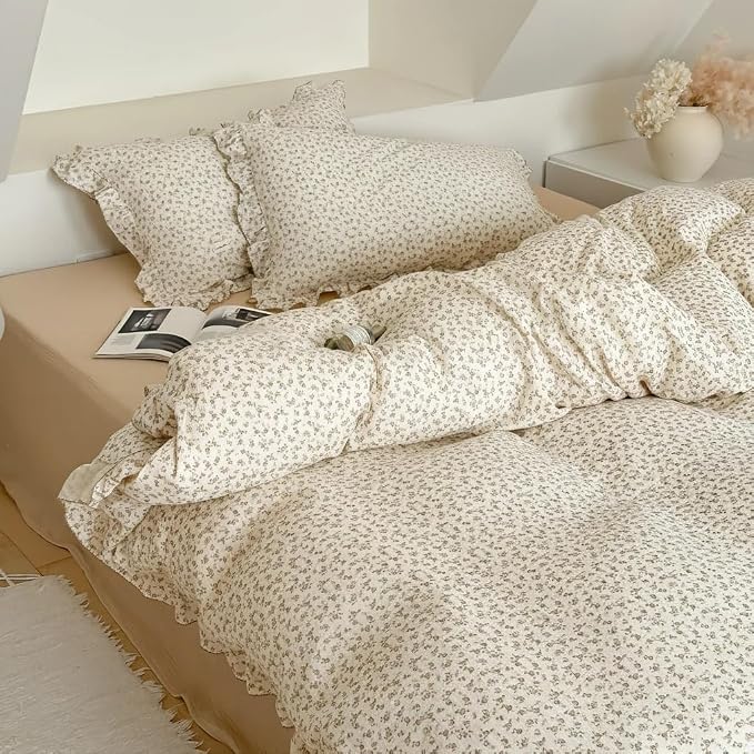 Vintage Floral Design Kids Duvet Cover Twin Cottage Camellia Print Comforter Cover with Ruffles Soft Muslin Cotton Quilt Cover for Girls Boys, Zipper & Corner Ties, No Pillowcase