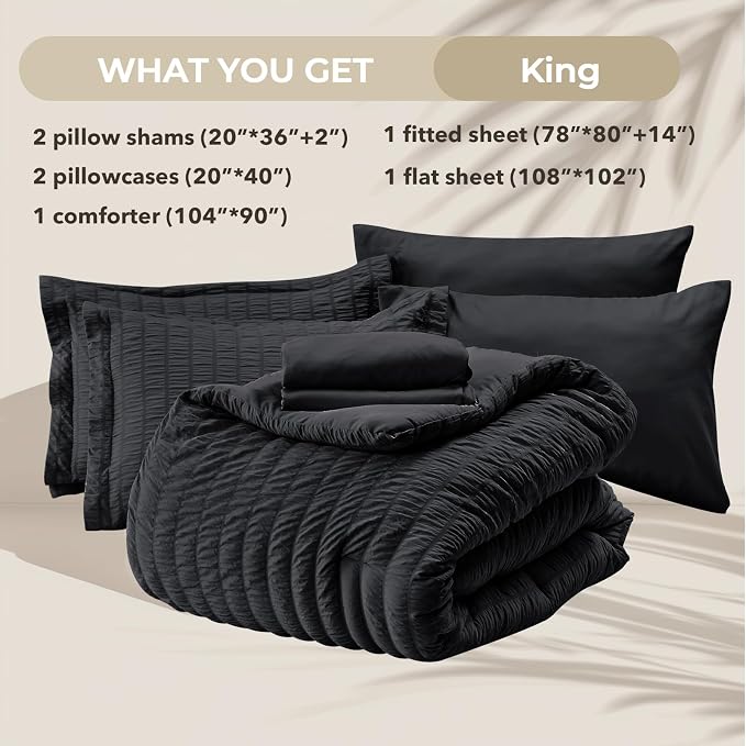 HYMOKEGE Black King Size Comforter Set Seersucker 7 Pieces, All Season Luxury Bed in a Bag for Bedroom, Bedding Set with Comforters, Sheets, Pillowcases & Shams