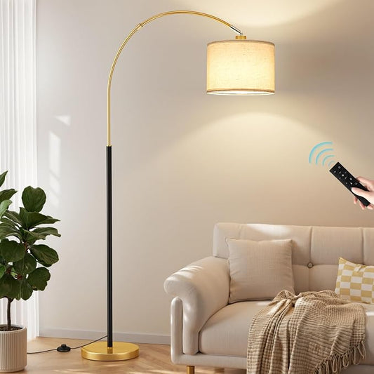 Dimmable Arc Floor Lamp with Remote, Color Temperatures and Brightness Adjustable, Arched Floor Lamp with Rotating Head, Over Couch Arched Reading Light for Living Room (Black and Gold)