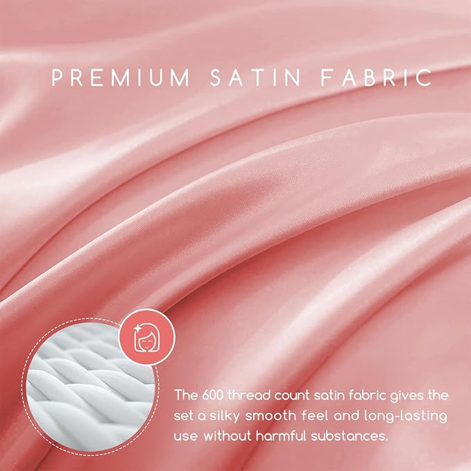 MR&HM Satin Sheets Twin Size with Elastic Corner Straps, Blush | Similar to Silk, 3-Piece Silky Soft Bed Sheet Set, Gentle on Skin and Hair, 15" Deep Pocket, Cooling & Breathable