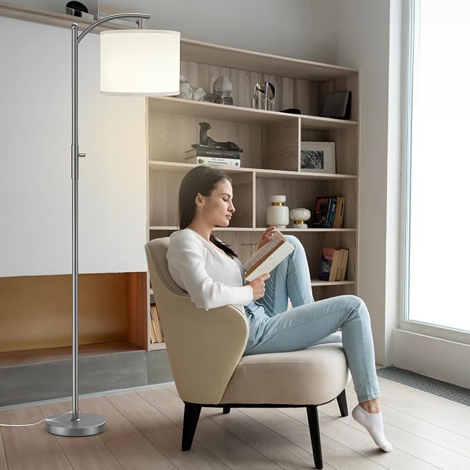 ROTTOGOON Dimmable Floor Lamp, Arc Floor Lamps for Living Room, Stepless Dimming Modern Standing Lamp with Linen Shade, Tall Lamp for Bedroom Office Dining Room- Grey