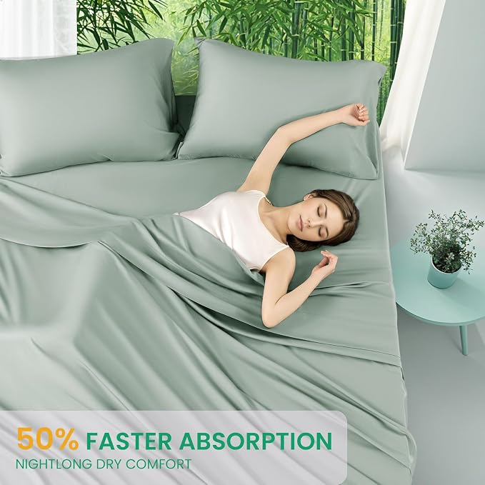 SONORO KATE 100% Viscose Derived from Bamboo_Sheets Cal King Size,4PC | Cooling Bed Sheets for Hot Sleepers,Soft Breathable & Silky,16" Deep Pocket,Luxury Hotel Bedding,Sea Glass
