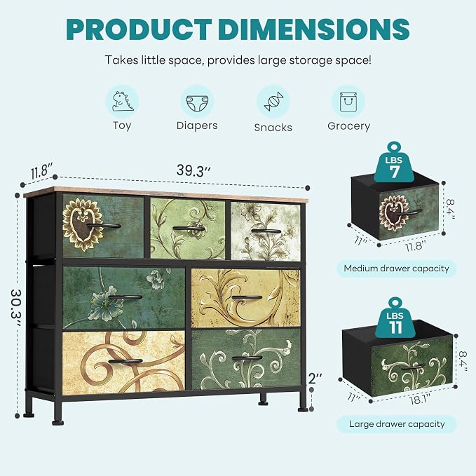 OLIXIS 7 Drawer Fabric Dresser, Storage Tower for Bedroom and Closet | Easy-Pull Bins for Closet Organizers, Chest of Drawers with Sturdy Steel Frame & Wooden Top for Living Room, Entryway, Floral
