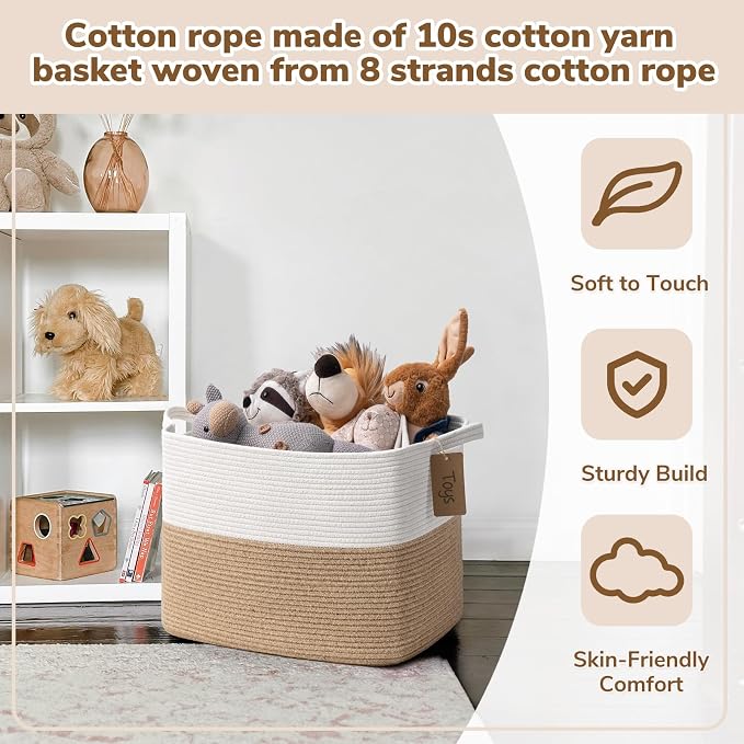 Goodpick 50L Large Woven Rope Storage Basket for Organizing, Jute | 18" × 14" × 12" Decorative Gift Basket for Nursery & Bedroom Organization, Fits Toys, Blankets & Kids Essentials Storage