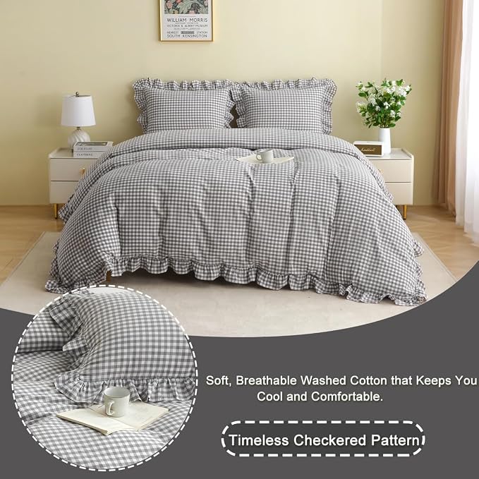 Silnuo Gray/White Gingham Plaid Ruffle 3-Piece Duvet Cover Set Queen Size | 100% Washed Cotton Shabby Gingham Plaid Bedding Set Farmhouse Comforter Set(Queen,Gray/White)