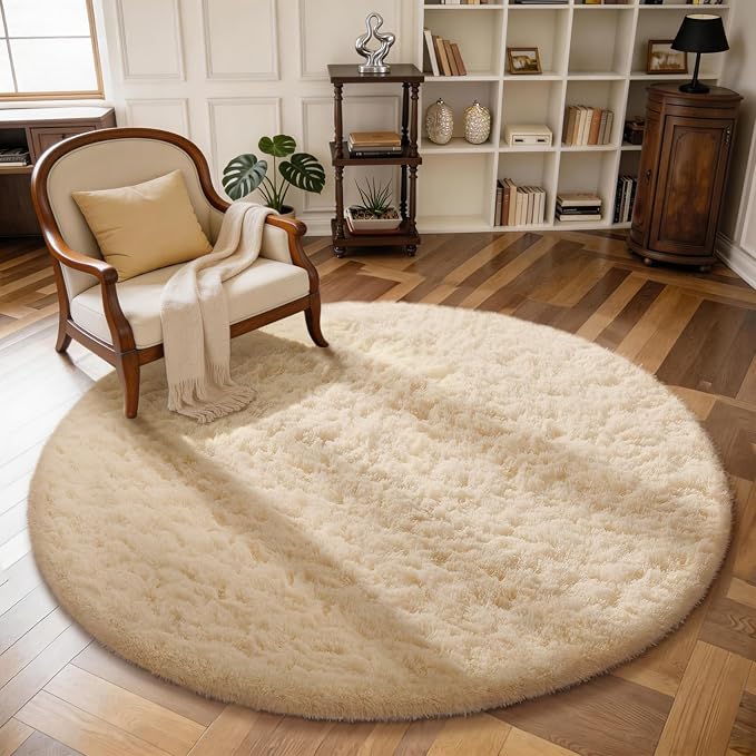 Ophanie Round Rug 4Ft Beige Circle Area Rug, Fluffy Fuzzy Small Bedroom Carpet, Plush Soft Shaggy Floor Living Room Circular Decor for Kids Boys Girls Home Aesthetic, Nursery with 99 pcs Pile fibers