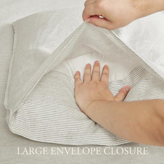 DAPU 100% French Linen Duvet Cover 3Pcs Set, 170GSM Linen Bedding, King | Soft Breathable All-Season for Hot sleepers, Corner Ties & Zipper Closure, French Linen Flax from Normandy, Gray Stripe