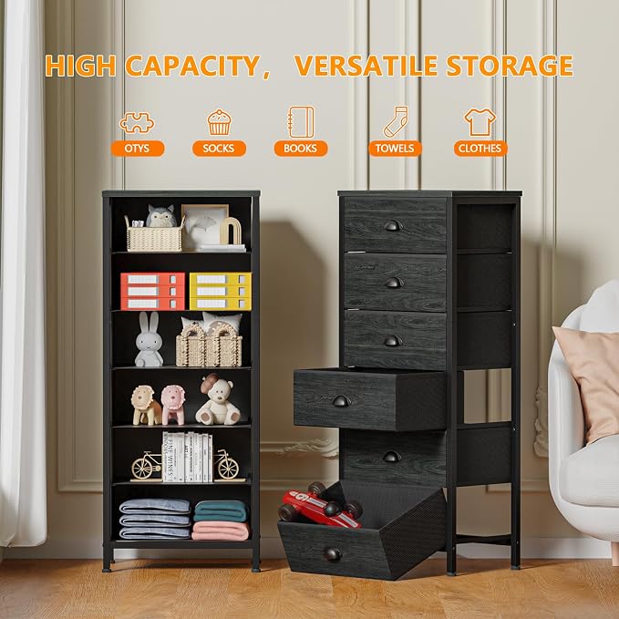 Furnulem Black Dresser for Bedroom, Tall Fabric Chest of Drawers | Bedroom Dresser with 6 Fabric Bins, Vertical Storage Drawer for Dorm, Organizer in Closet, Living Room, Wood Top, Metal Frame