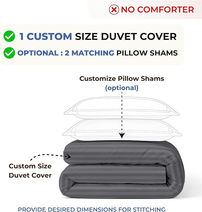 Custom Duvet Cover - 100% Egyptian Cotton 600 Thread Count Soft Breathable Customizable Comforter Cover(Desired Dimensions)- Zipper Closure & 7 Internal Ties - Striped Dark Grey