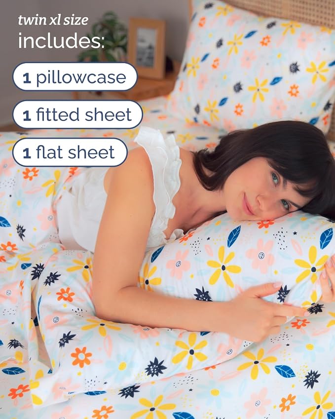 Twin XL 3 Piece Floral Sheet Set - Soft, Breathable & Cooling - Daisy Art | 1 Flat, 1 Fitted & 1 Pillowcase w/ Deep Pockets, Boho Botanical Floral Bedding, Breathable & Cooling, Wrinkle & Fade Free