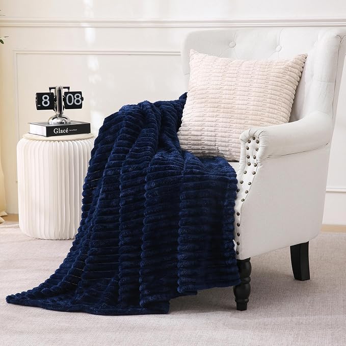 Navy Blue Fleece Throw Blanket 50”×60” for Couch Sofa Livingroom | Super Soft Cozy Plush Microfiber Flannel Bed Blanket Striped Design Lightweight Home Decor Gifts for Adults Mom Women
