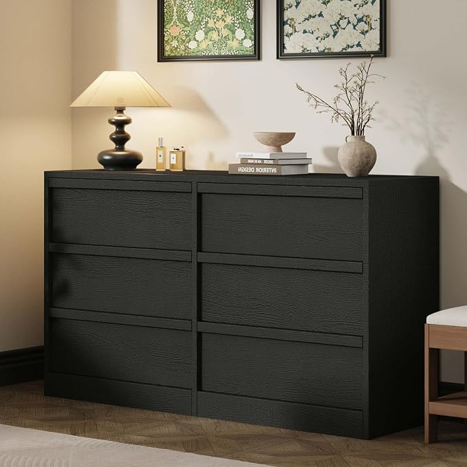Garvee 6 Dresser for Bedroom, 46.7" Wide Dresser, Freestanding Horizontal Drawer with Storage, Wooden Closet Chest Storage for Living Room, Hallway, Entryway, Black